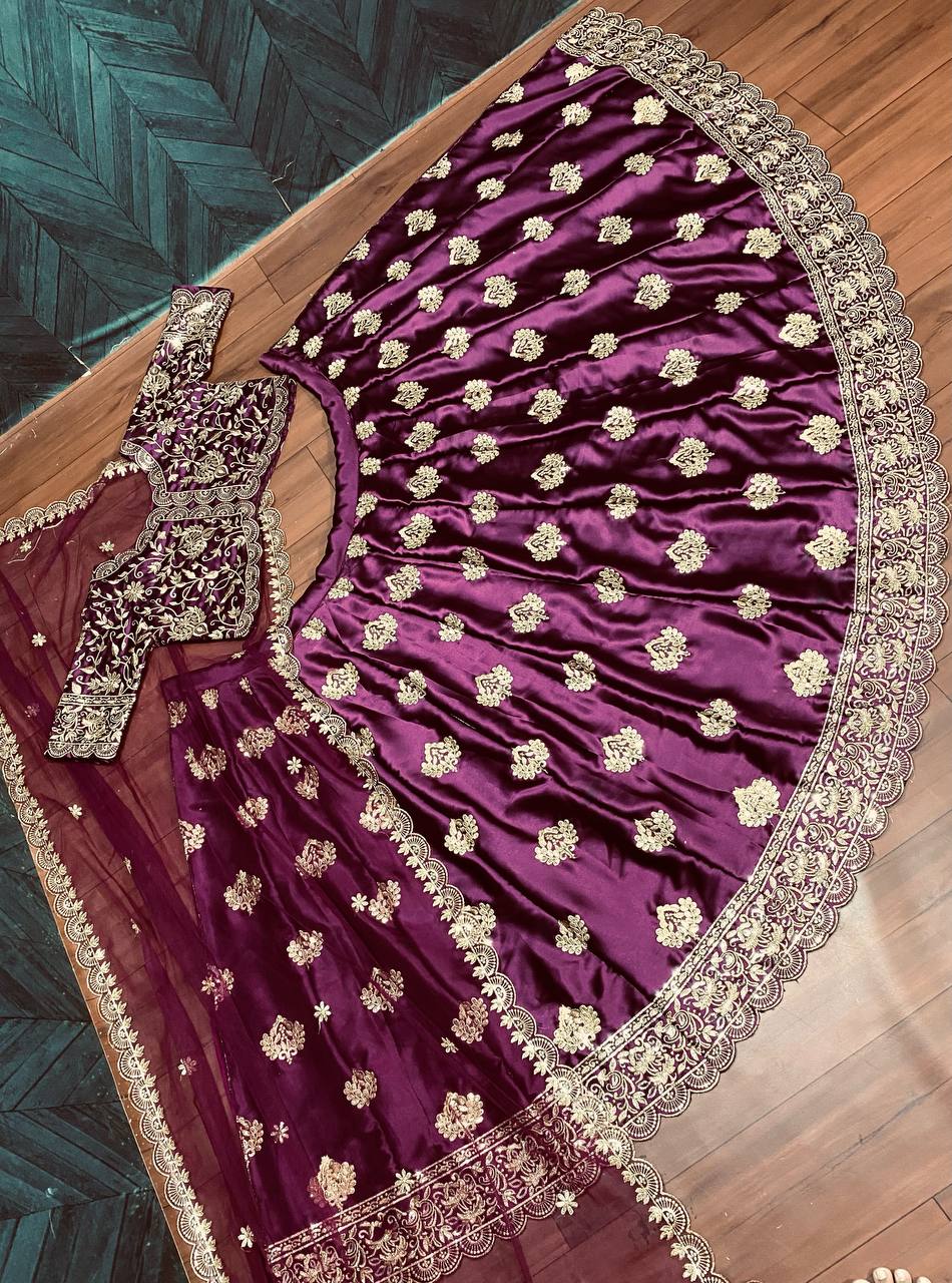 Wine Lehenga Choli In Malai Satin With Embroidery Work