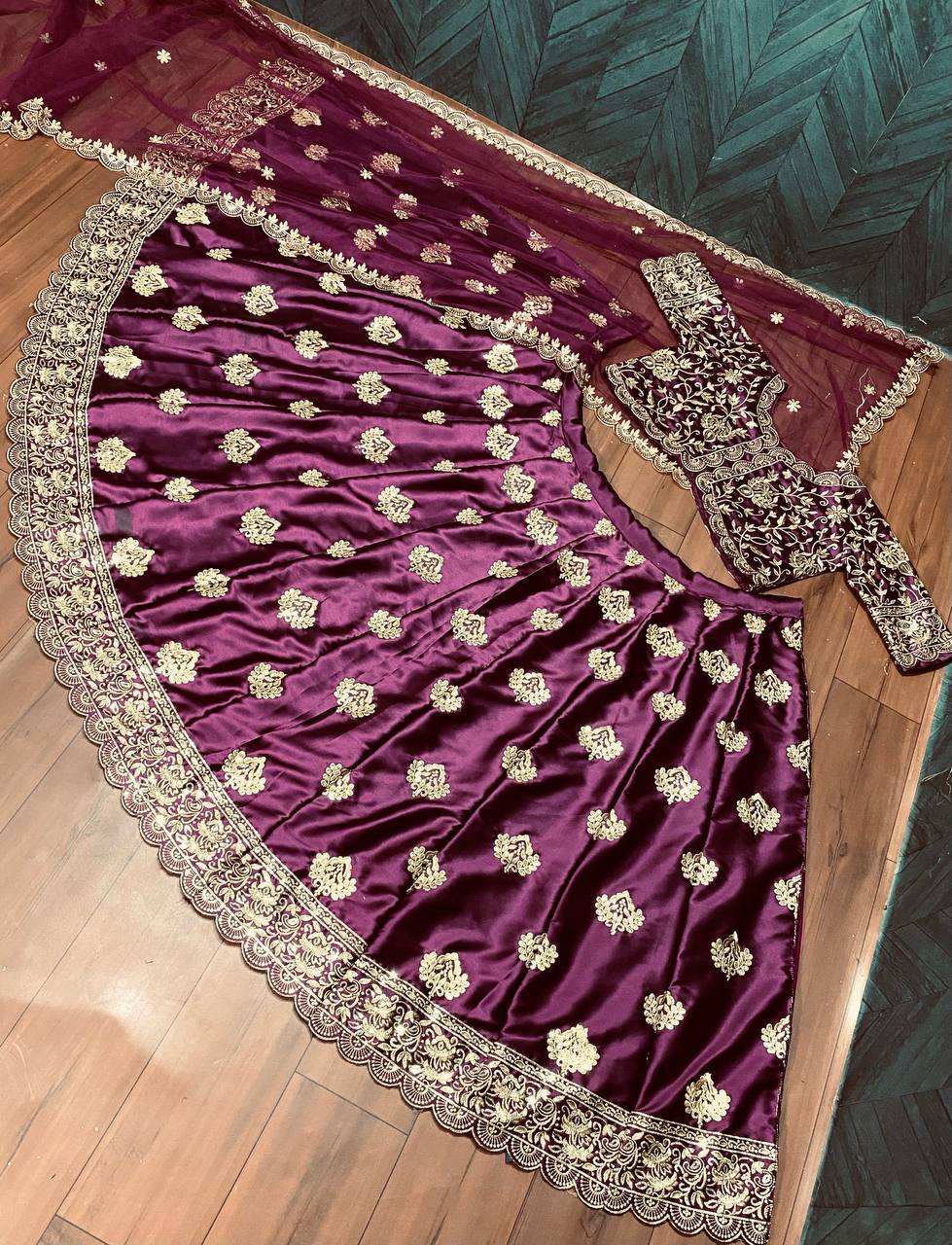 Wine Lehenga Choli In Malai Satin With Embroidery Work