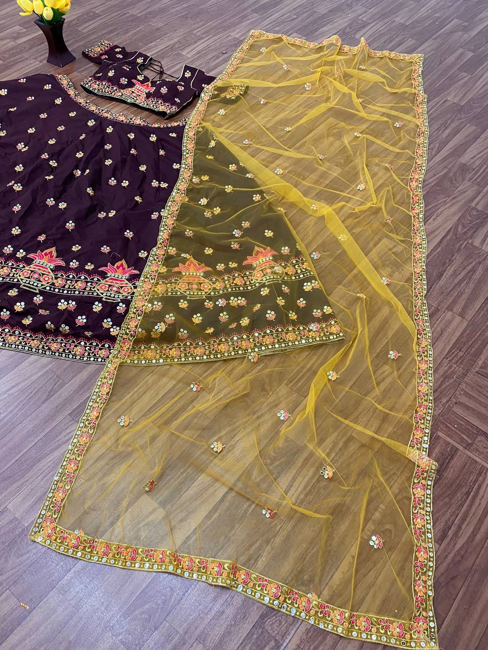 Wine Lehenga Choli In Malai Satin Silk With 9 MM Sequence Work