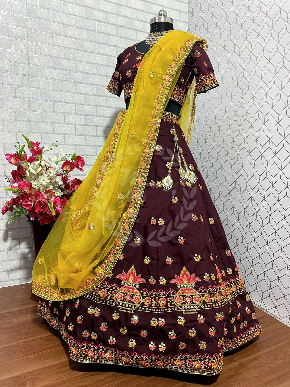 Wine Lehenga Choli In Malai Satin Silk With 9 MM Sequence Work