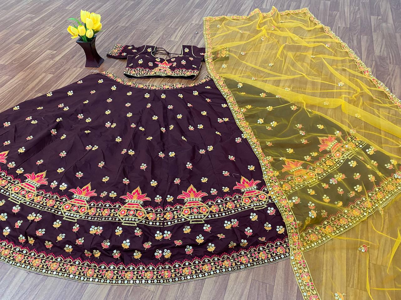 Wine Lehenga Choli In Malai Satin Silk With 9 MM Sequence Work