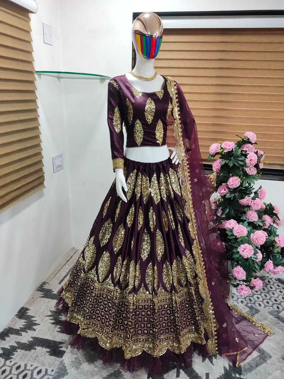 Wine Lehenga Choli In Malai Satin Silk With Embroidery Work