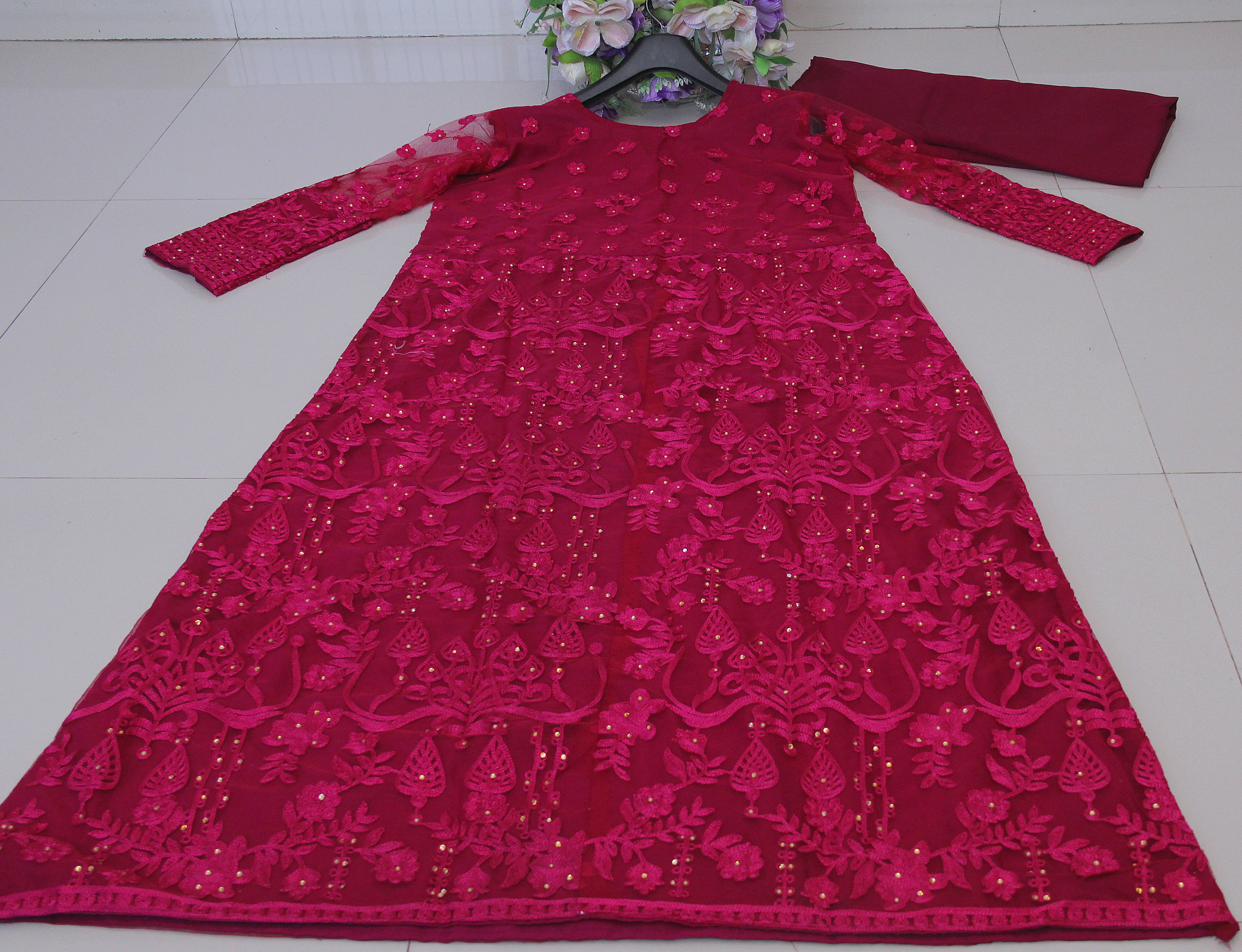 Wine Salwar Suit In Nylon Mono Net With Chain Stitch Work