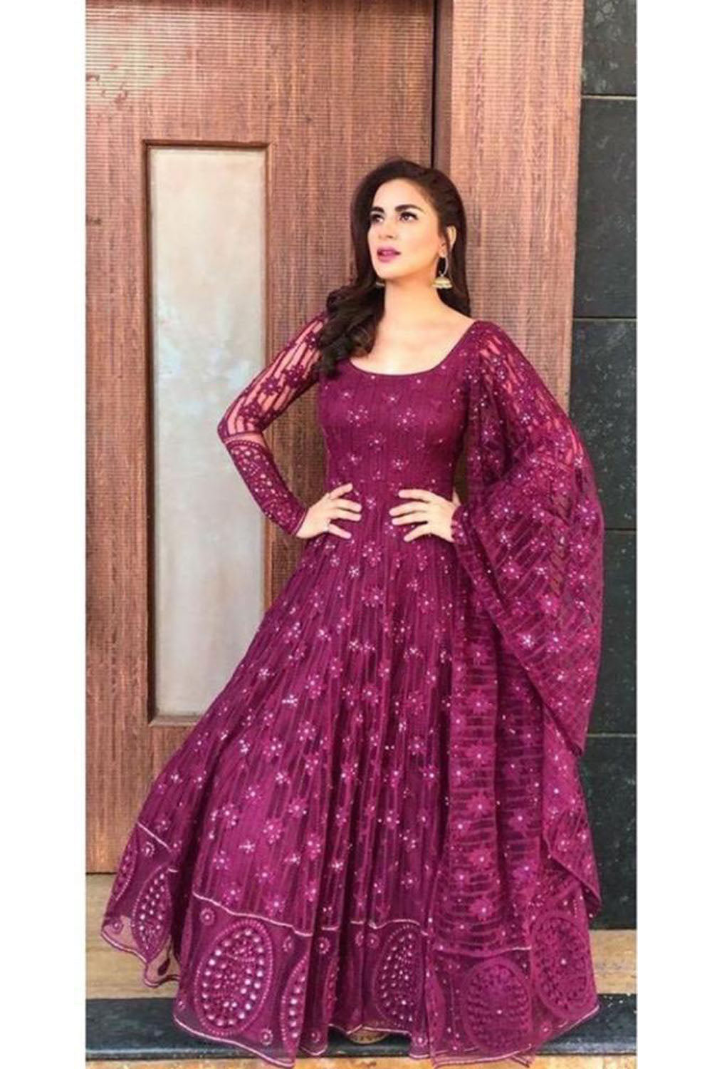 Wine Nylon Mono Net Embroidery Work Anarkali Suit