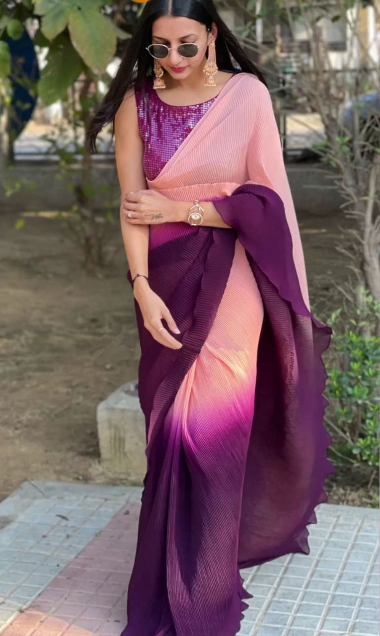 Wine Peach Georgette Silk Pleated Crush Saree With Stitched Blouse