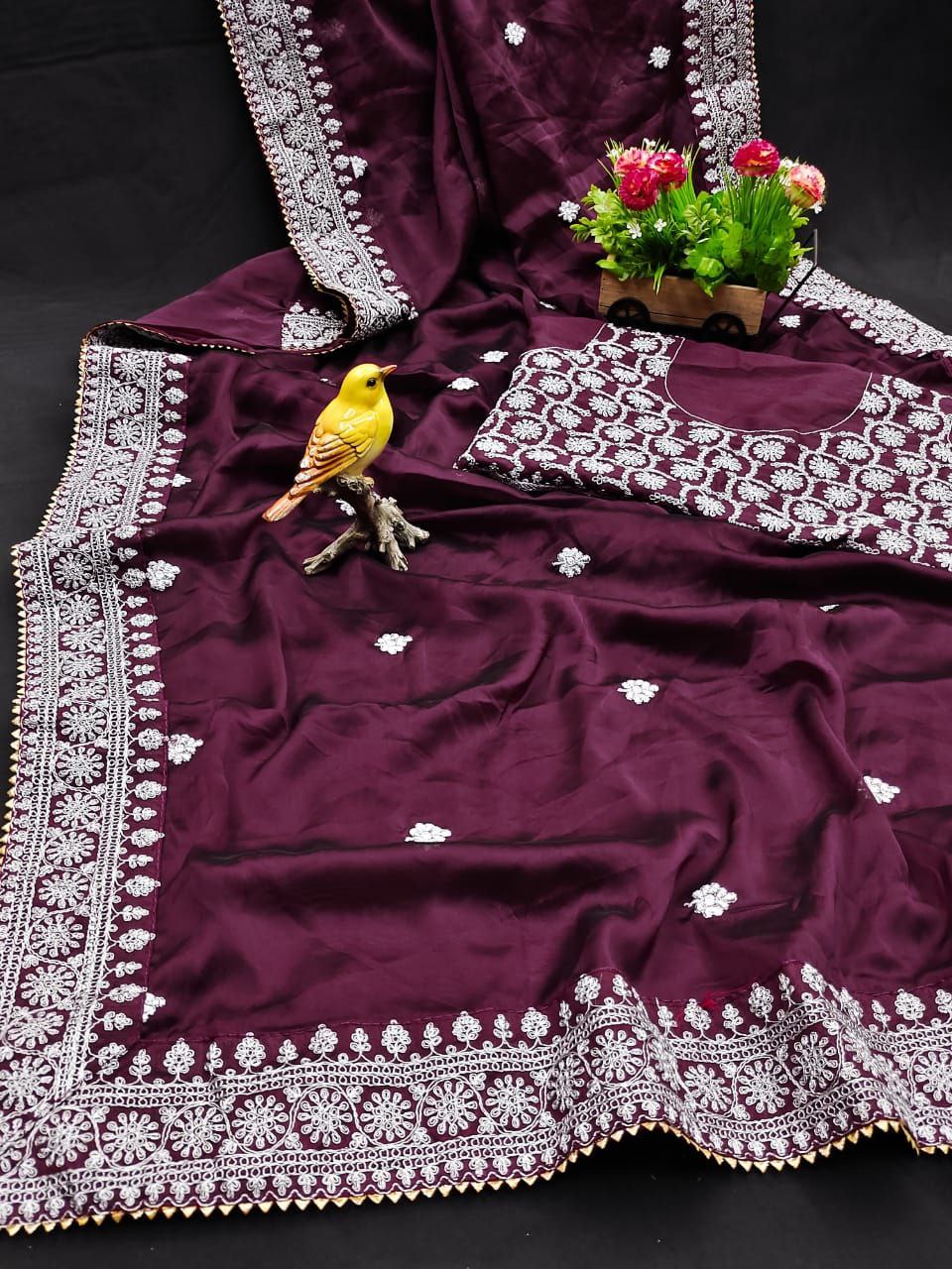 Wine Saree In Rangoli Silk With Embroidery Work