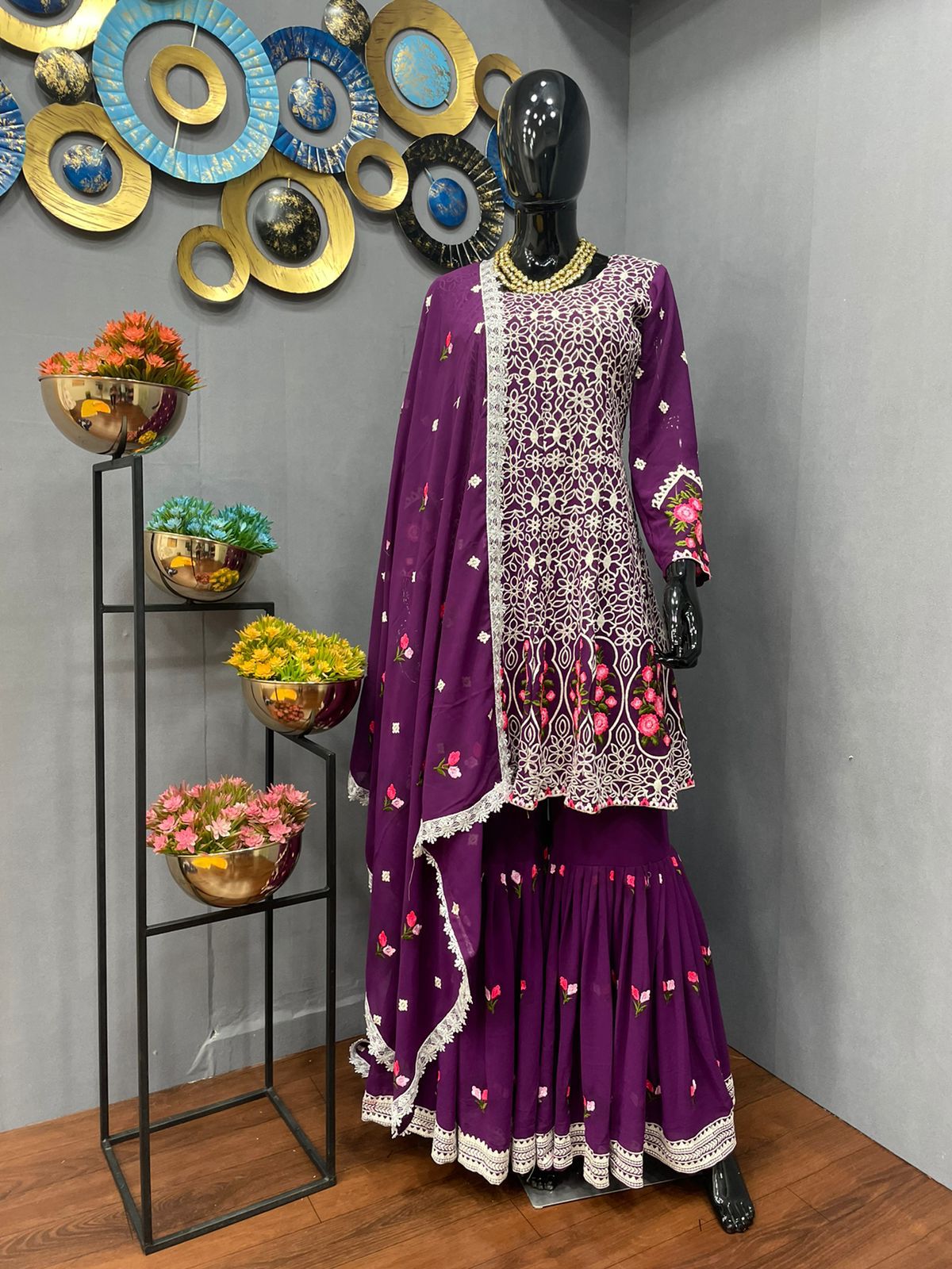 Wine Salwar Suit In Georgette Silk With Embroidery Work