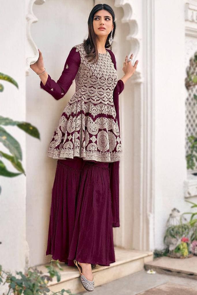 Wine Salwar Suit In Heavy Faux Georgette With Embroidery Work