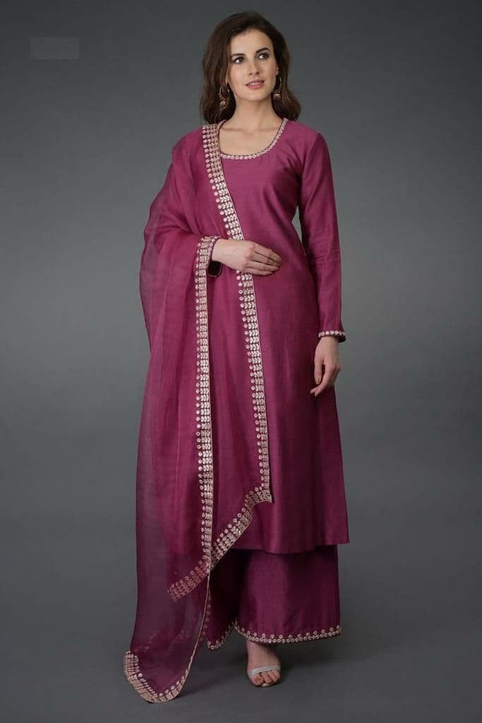 Wine Salwar Suit In Pure Cotton With Border Work