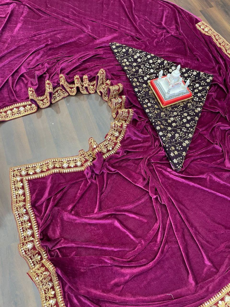 Wine Saree In 9000 Velvet With Embroidery Work