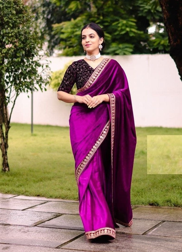 Wine Saree In 9000 Velvet With Embroidery Work