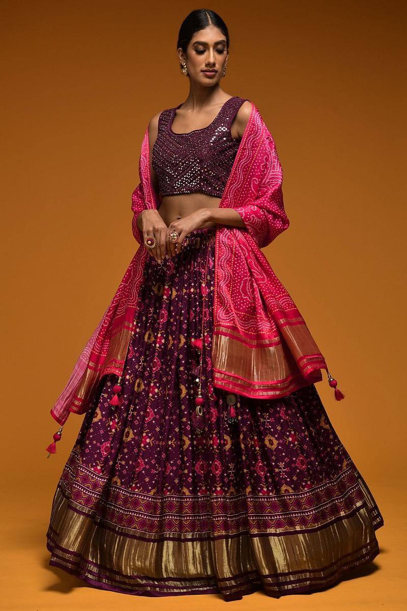 Wine Lehenga Choli In Soft Butter Silk With Digital Print