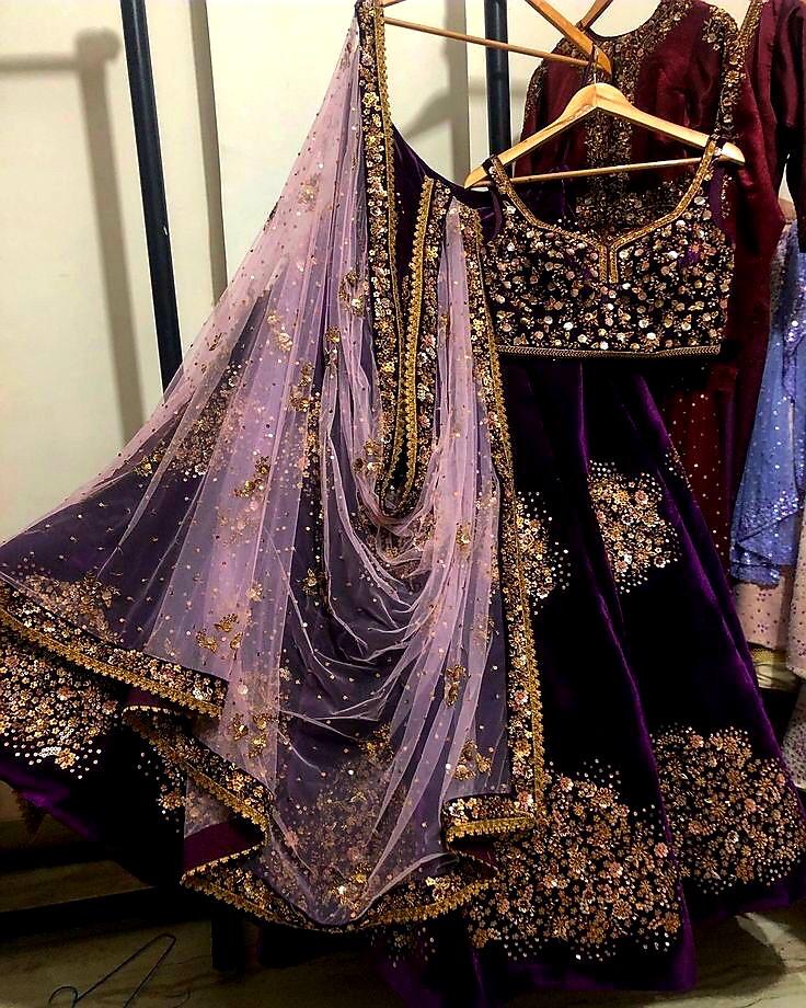 Wine Lehenga Choli In Velvet With Embroidery Work