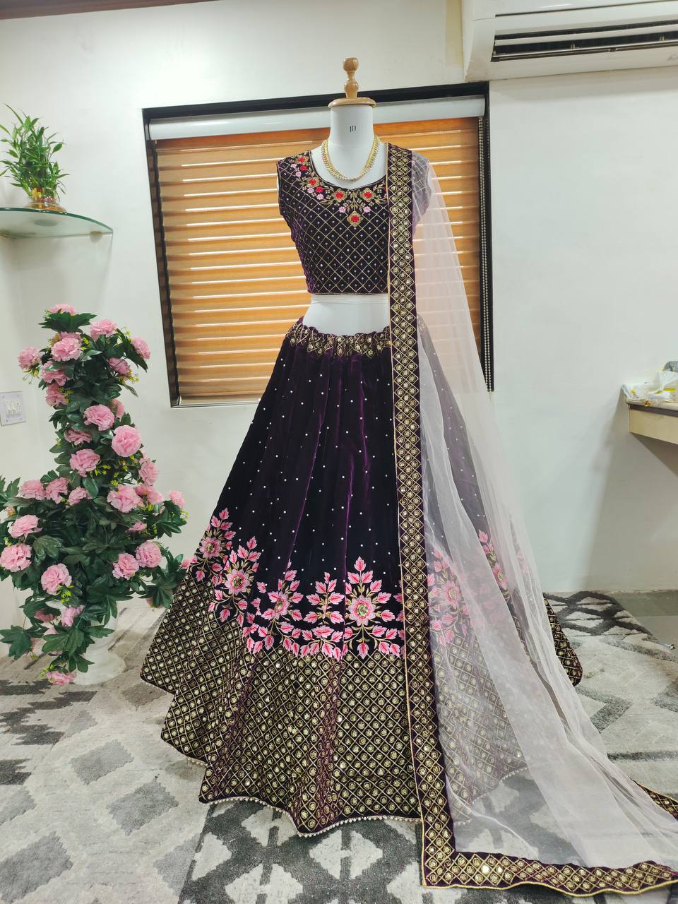 Wine Lehenga Choli In Viscose Velvet With Embroidery Work