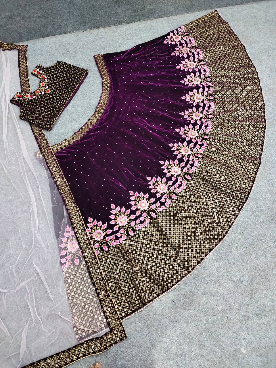 Wine Lehenga Choli In Viscose Velvet With Embroidery Work