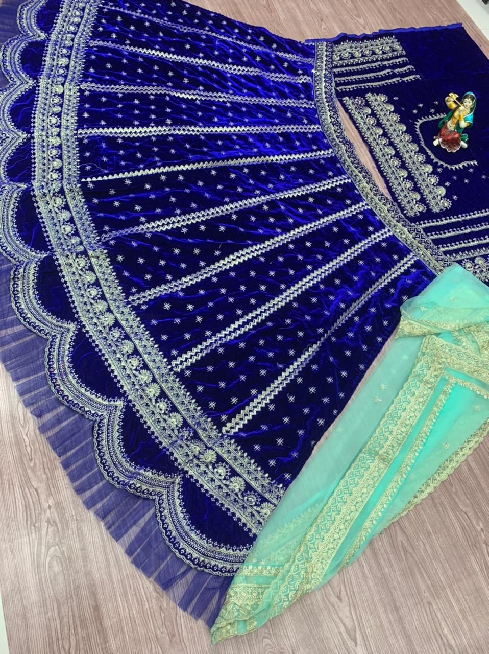 Blue Lehenga Choli In Velvet With Embroidery Work