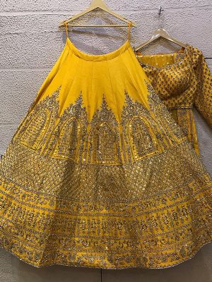 Yellow Lehenga Choli In Malay Silk With Embroidery Work