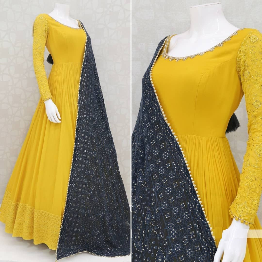 Yellow Gown In 60 GM Georgette With Chain Stitch Work