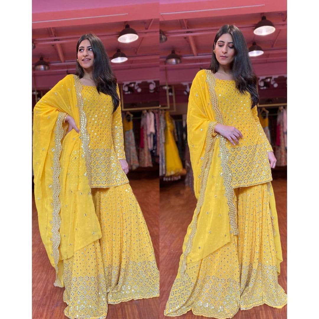 Yellow Sharara Suit In 60 GM Georgette Silk With Fancy Thread Work