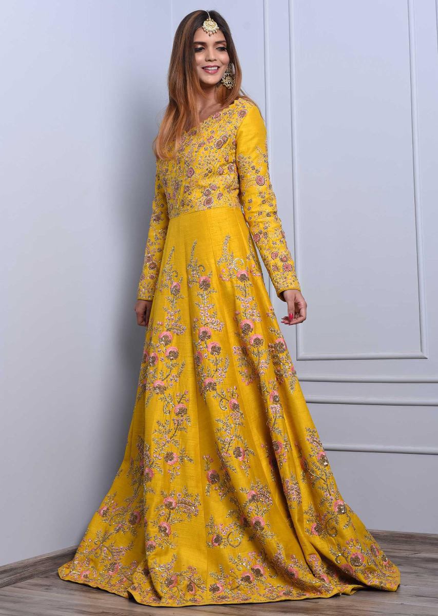 Yellow Gown In Benglori Silk With Fancy Thread Work