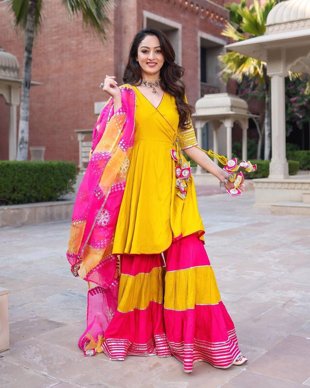 Yellow Sharara Suit In Butter Silk With Latkan