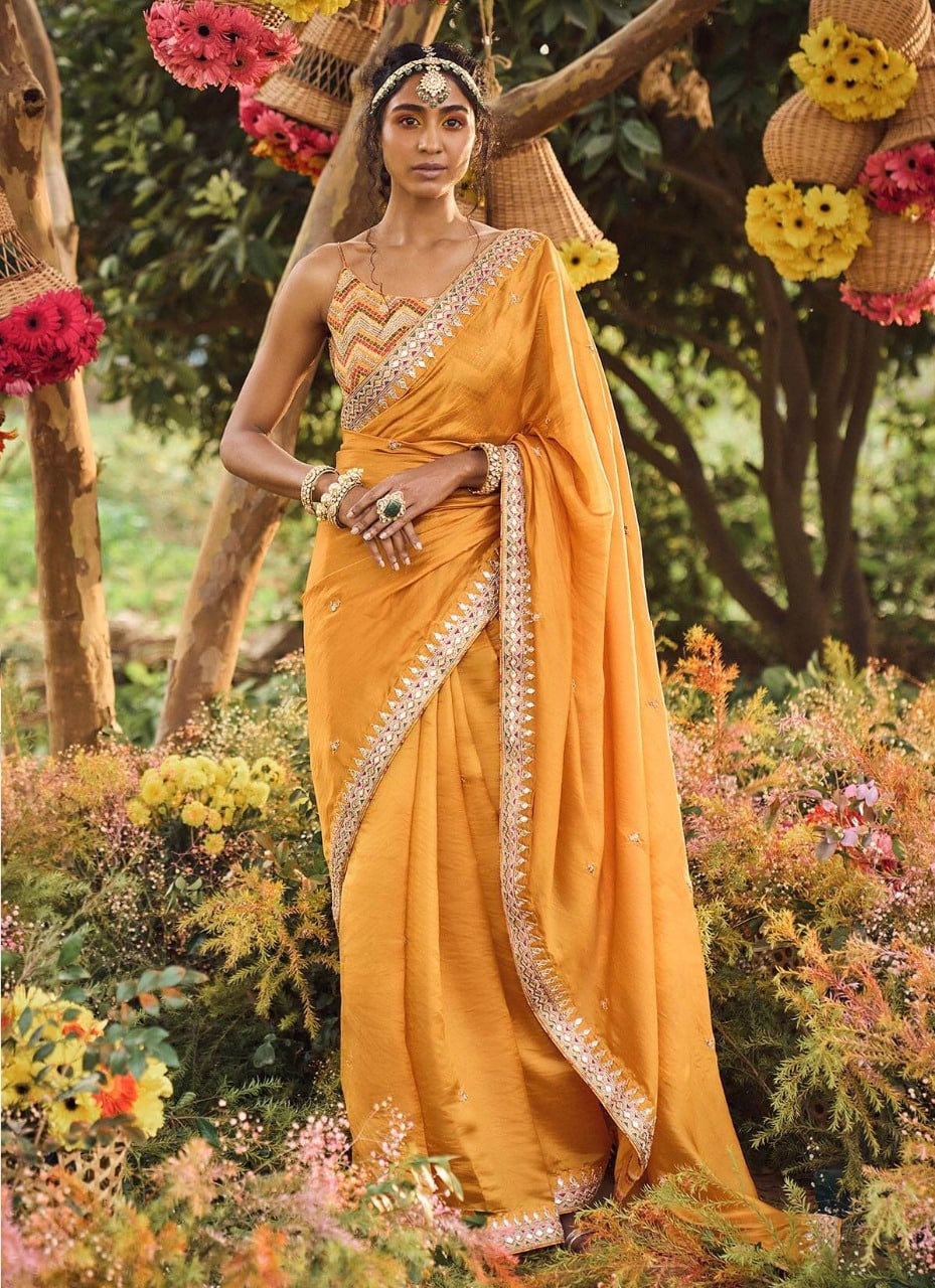 Yellow Butter Silk Thread Work Saree With Blouse