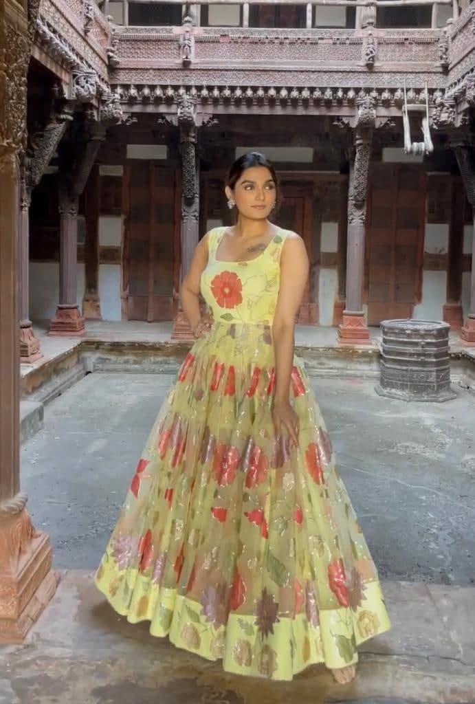 Yellow Gown In Butterfly Mono Net With Embroidery Sequence Work