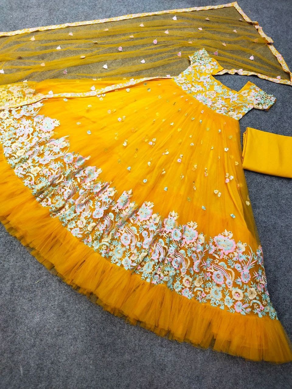 Yellow Salwar Suit In Butterfly Mono Net With Embroidery Work