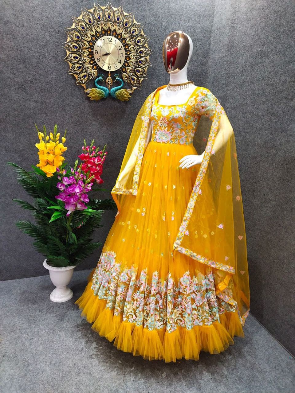 Yellow Salwar Suit In Butterfly Mono Net With Embroidery Work