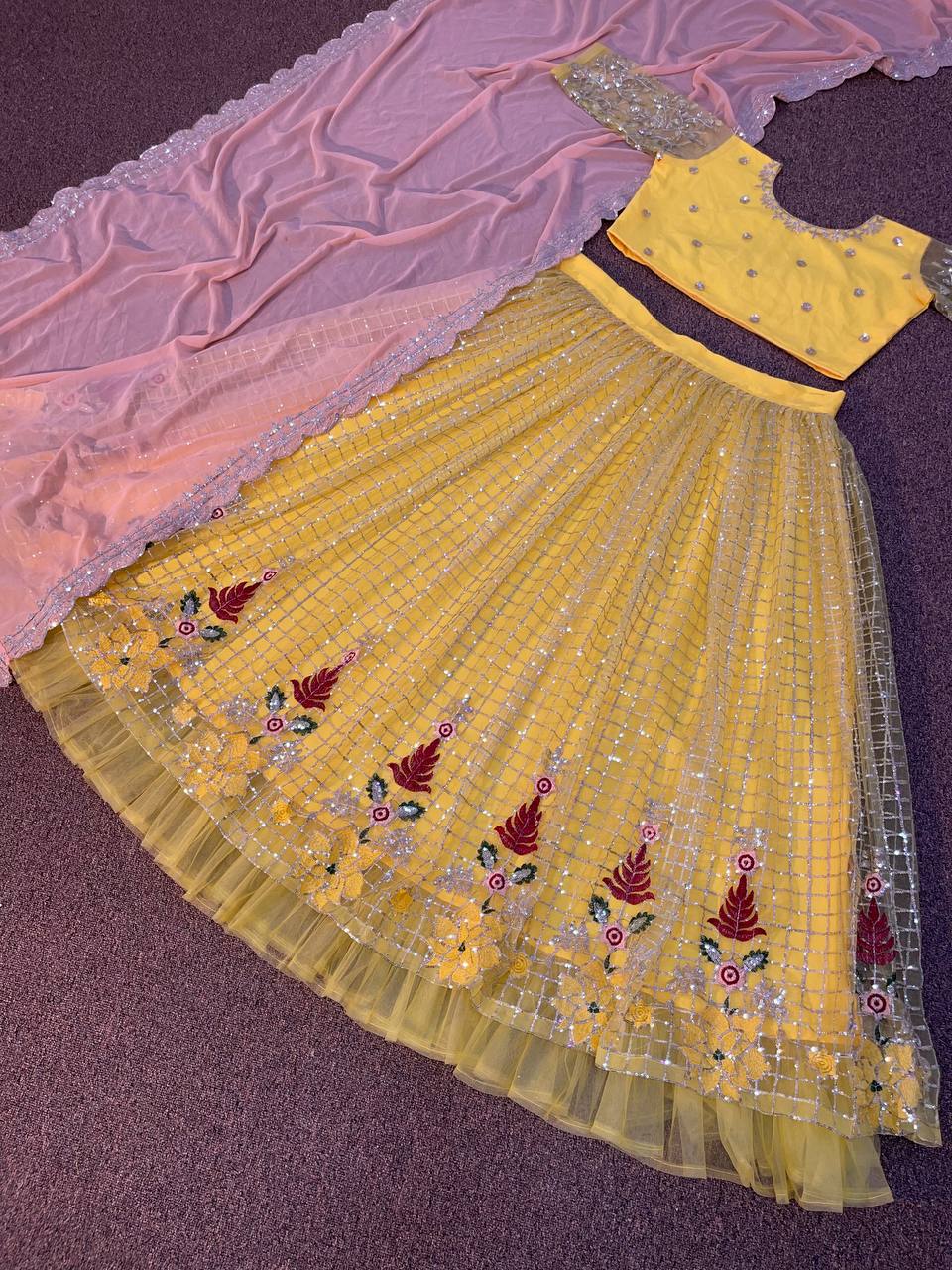 Yellow Lehenga Choli In Butterfly Mono Net With Embroidery Work