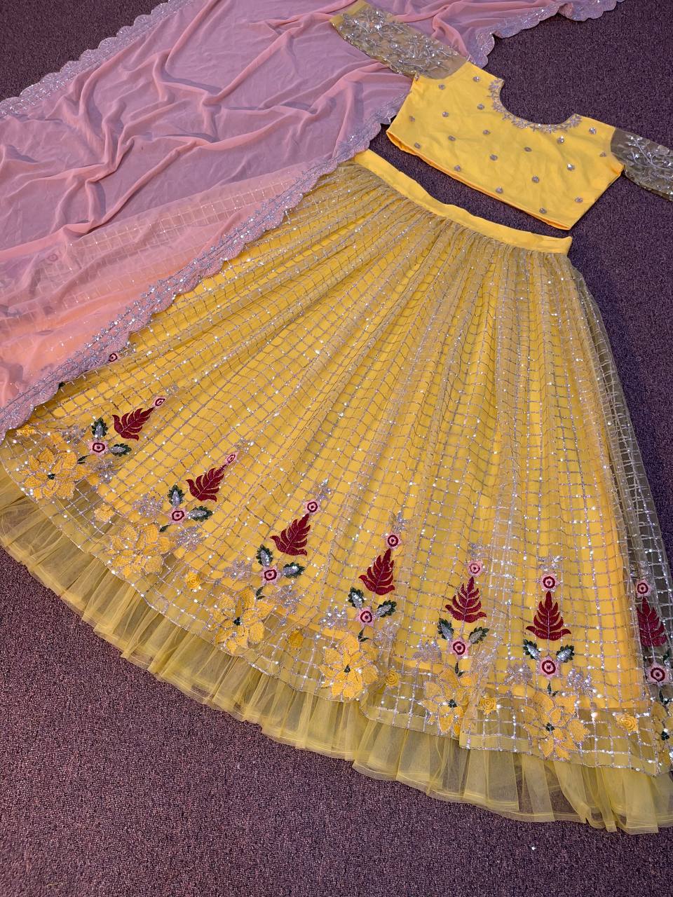 Yellow Lehenga Choli In Butterfly Mono Net With Embroidery Work