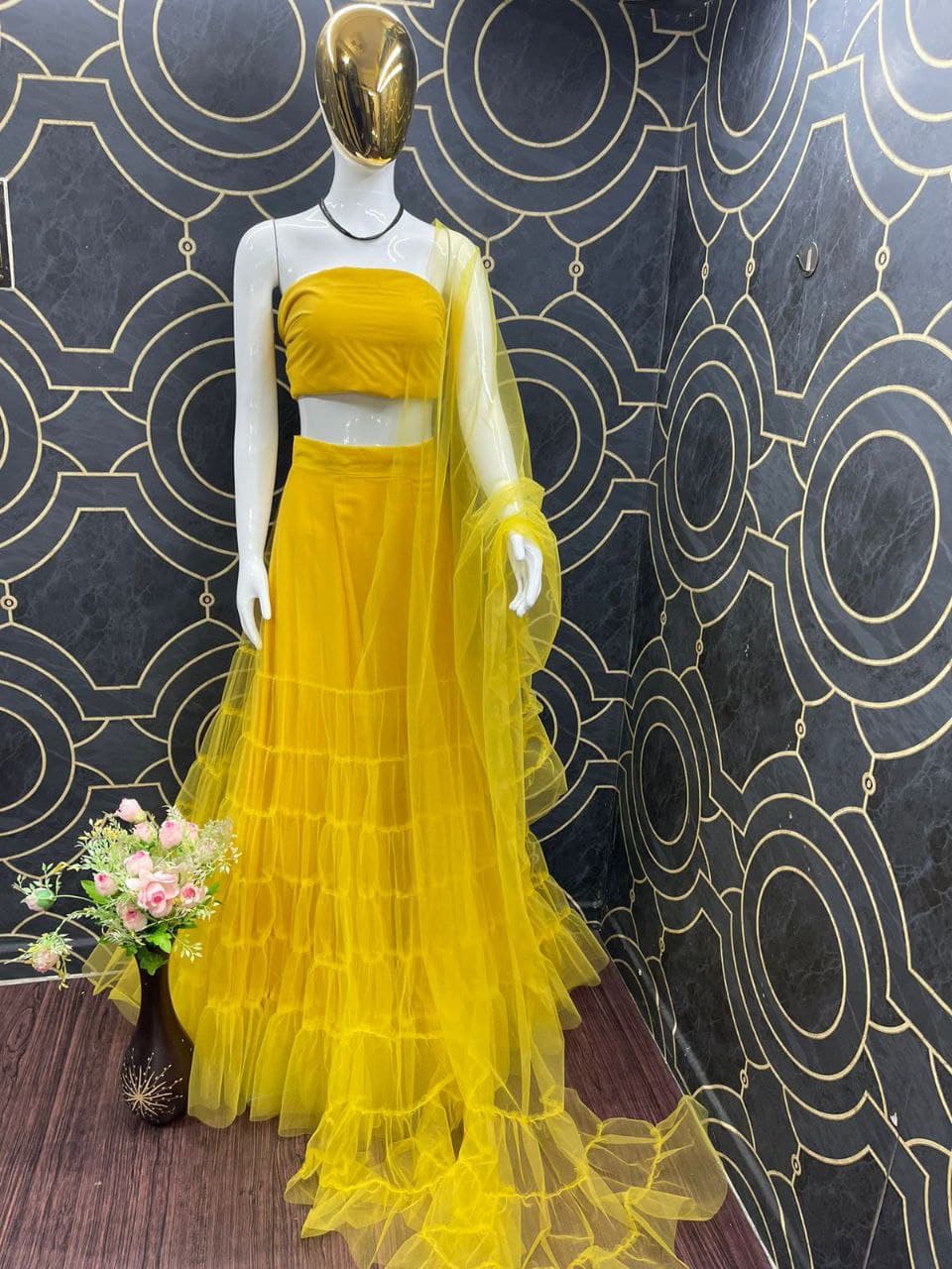 Yellow Lehenga Choli In Butterfly Mono Net With Plain