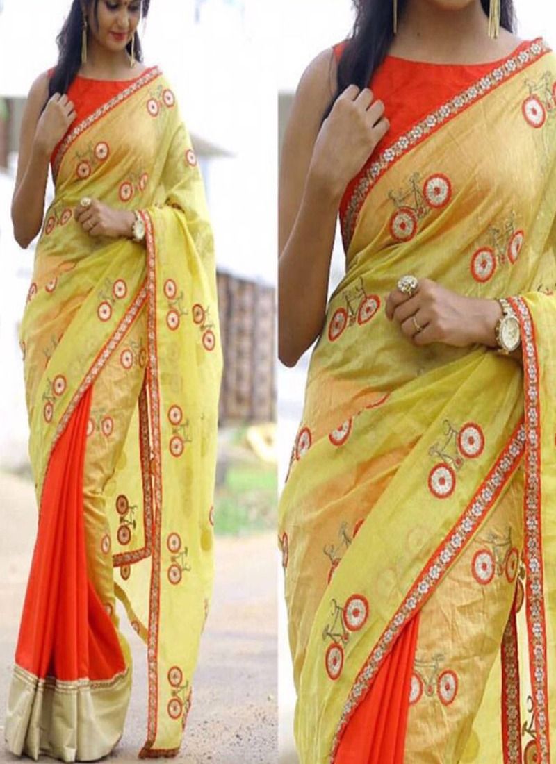 Yellow Saree In Chanderi Silk With Fancy Thread Work