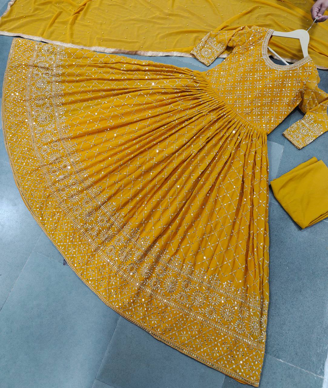 Yellow Gown In Faux Georgette With Heavy Sequence Embroidery Work