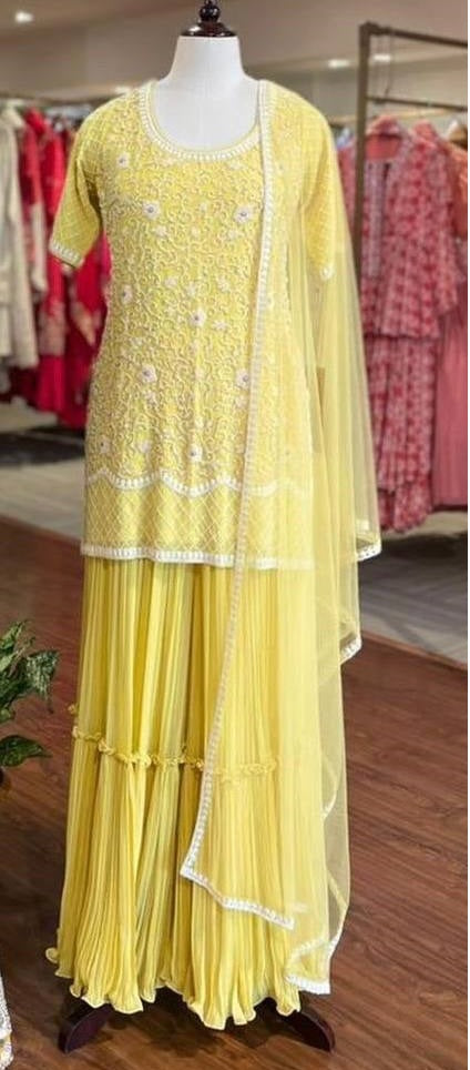 Yellow Palazzo Suit In Fox Georgette With Embroidery Work