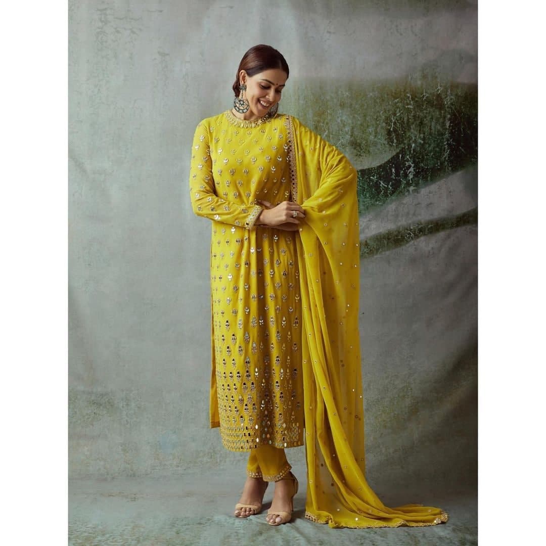 Yellow Salwar Suit In Fox Georgette With Real Mirror Work