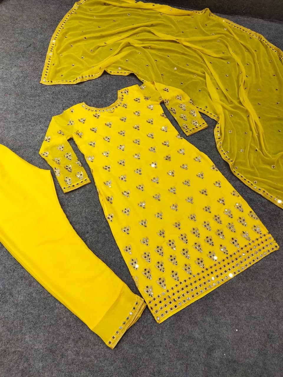 Yellow Salwar Suit In Fox Georgette With Real Mirror Work