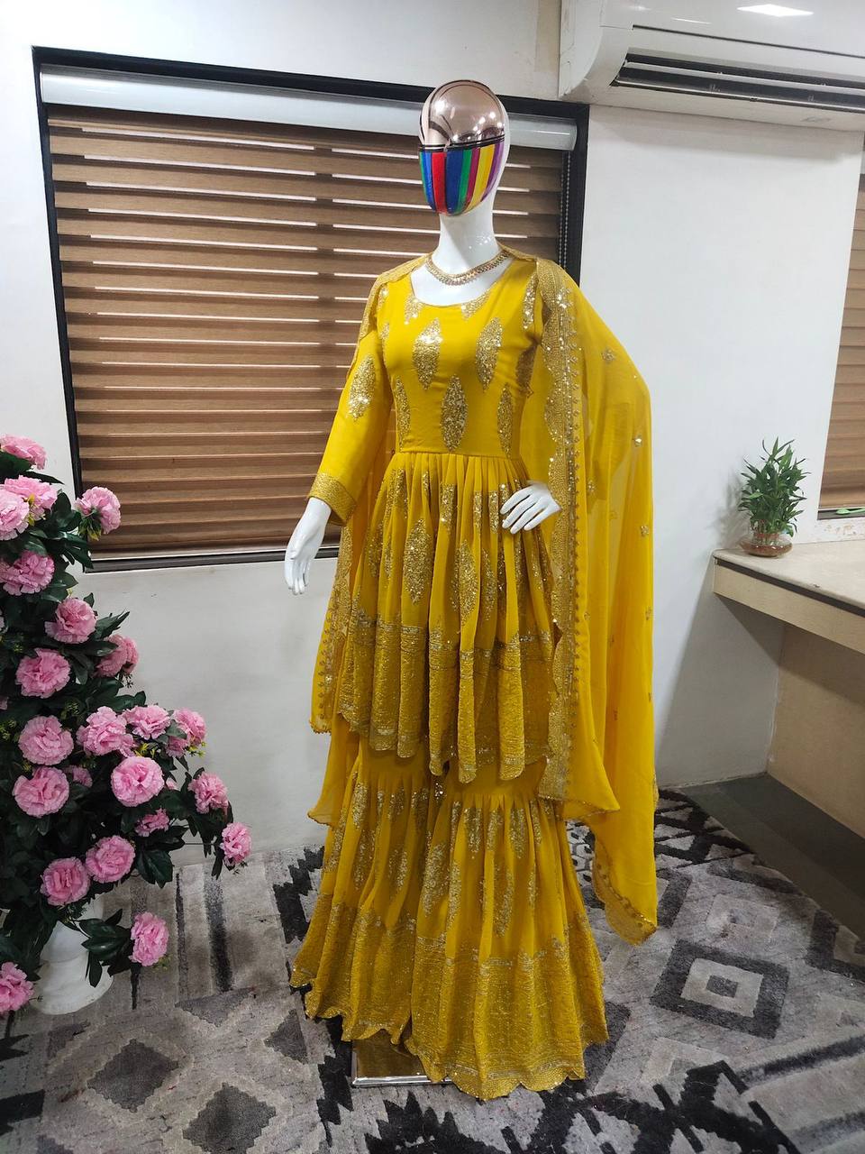 Yellow Sharara Suit In Fox Georgette With Sequence Work