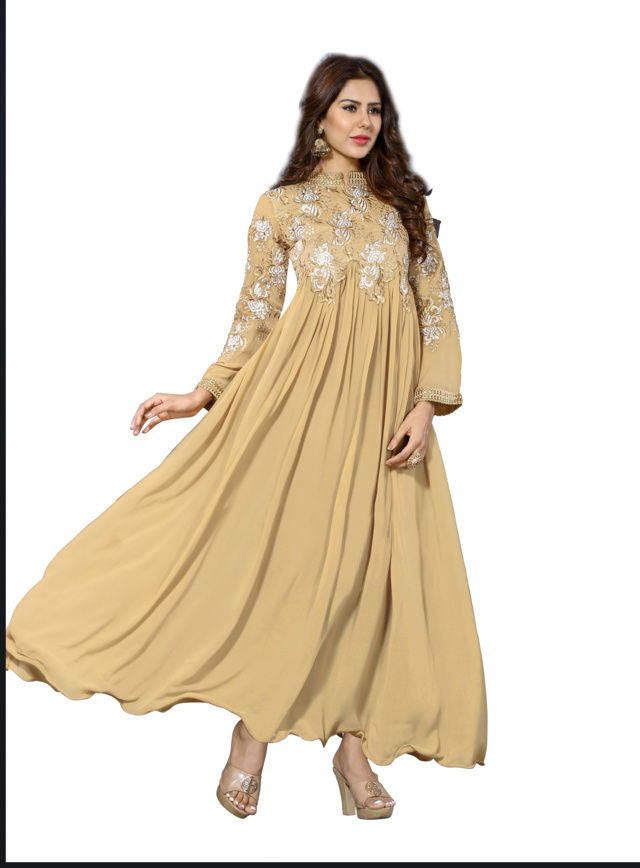 Yellow Gown In Georgette Bember With Fancy Thread Work