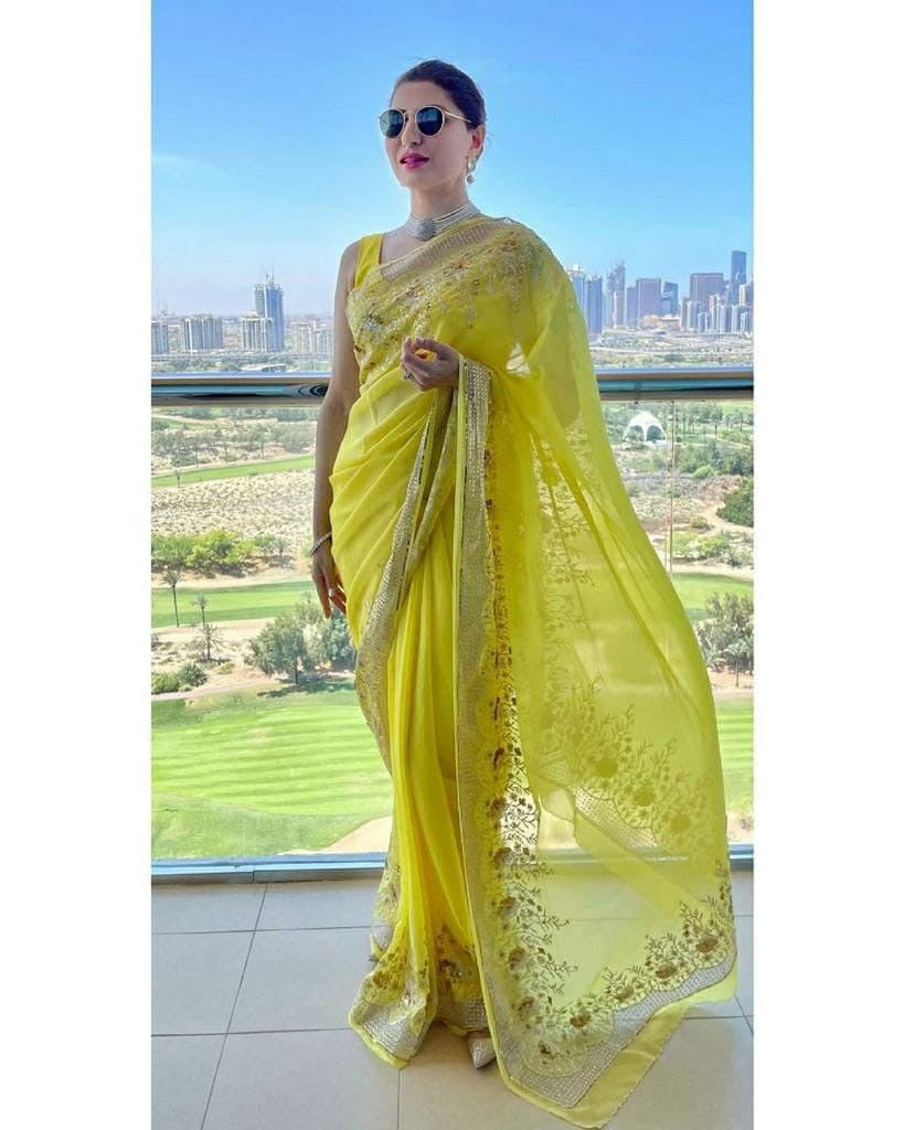 Yellow Saree In Georgette With Embroidery Work