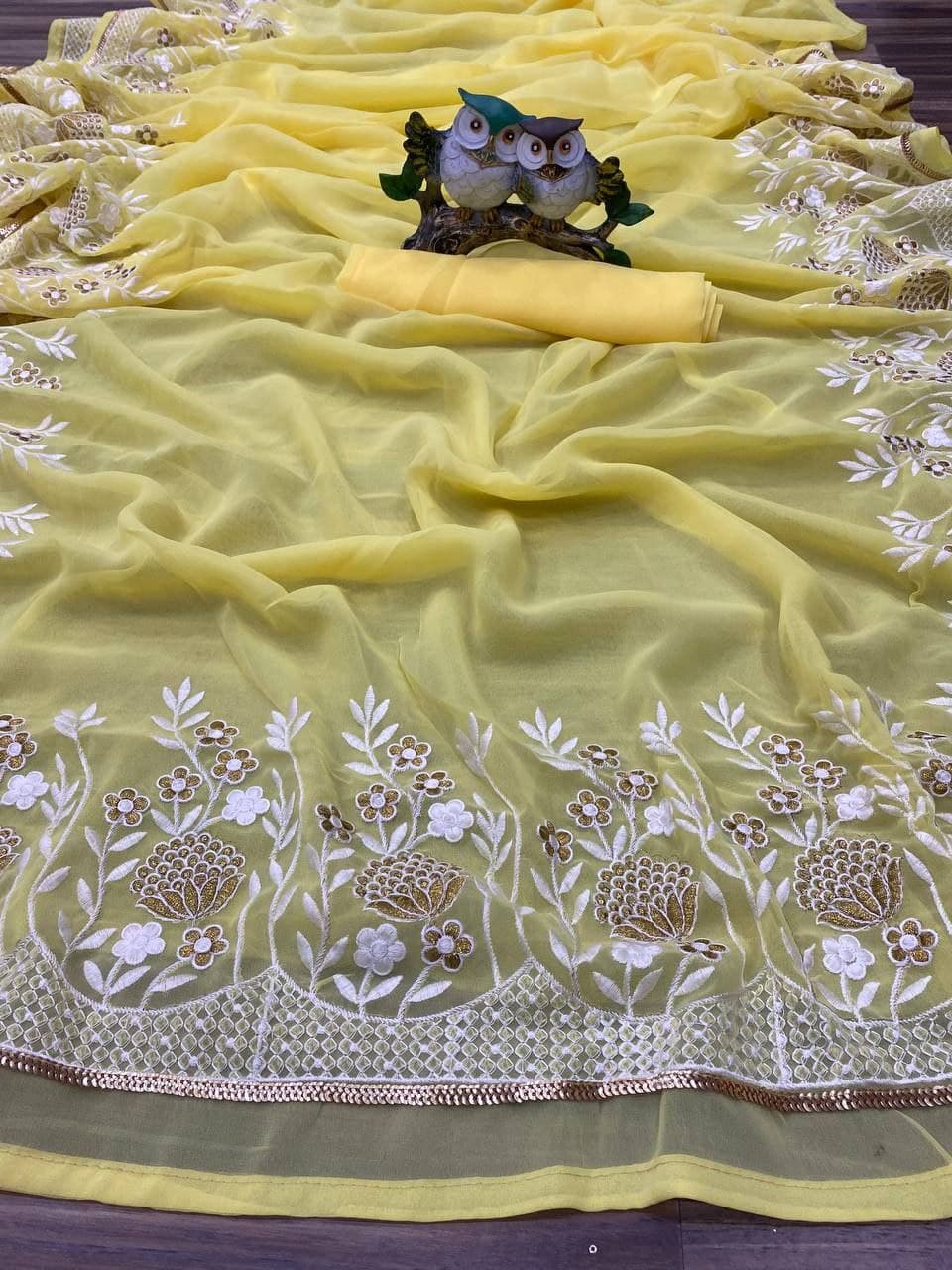 Yellow Saree In Georgette With Embroidery Work