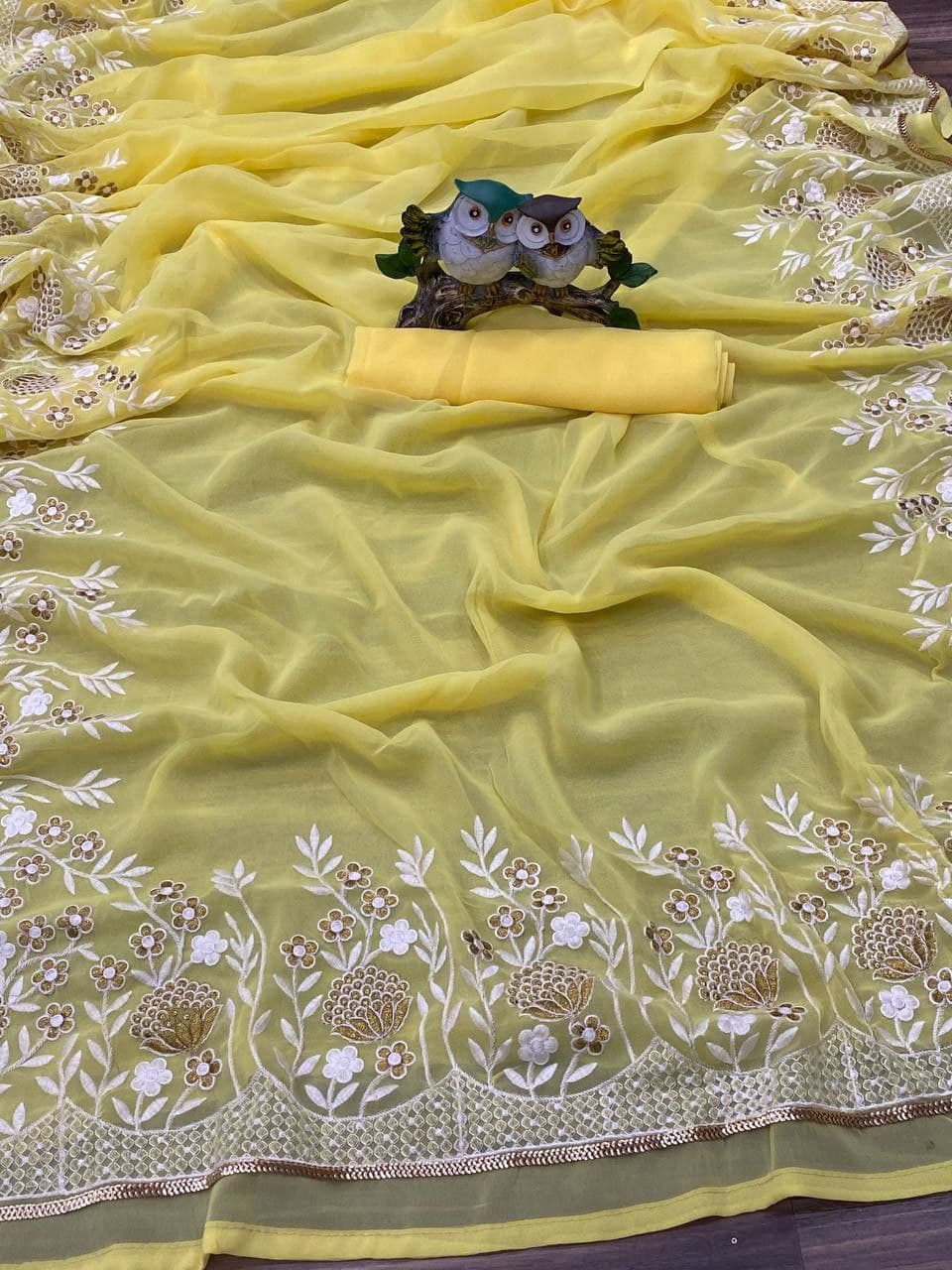 Yellow Saree In Georgette With Embroidery Work