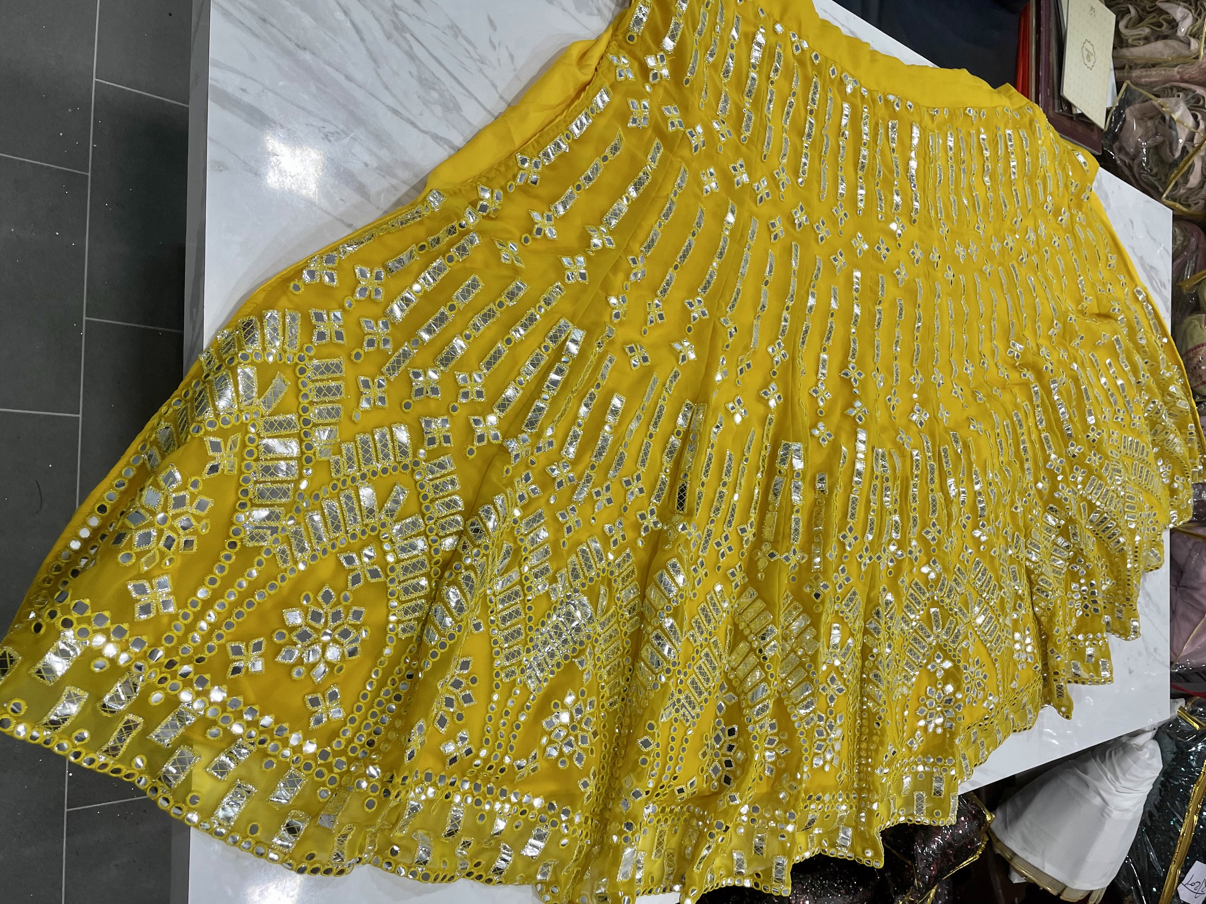 Yellow Lehenga Choli In Georgette With Paper Mirror Work