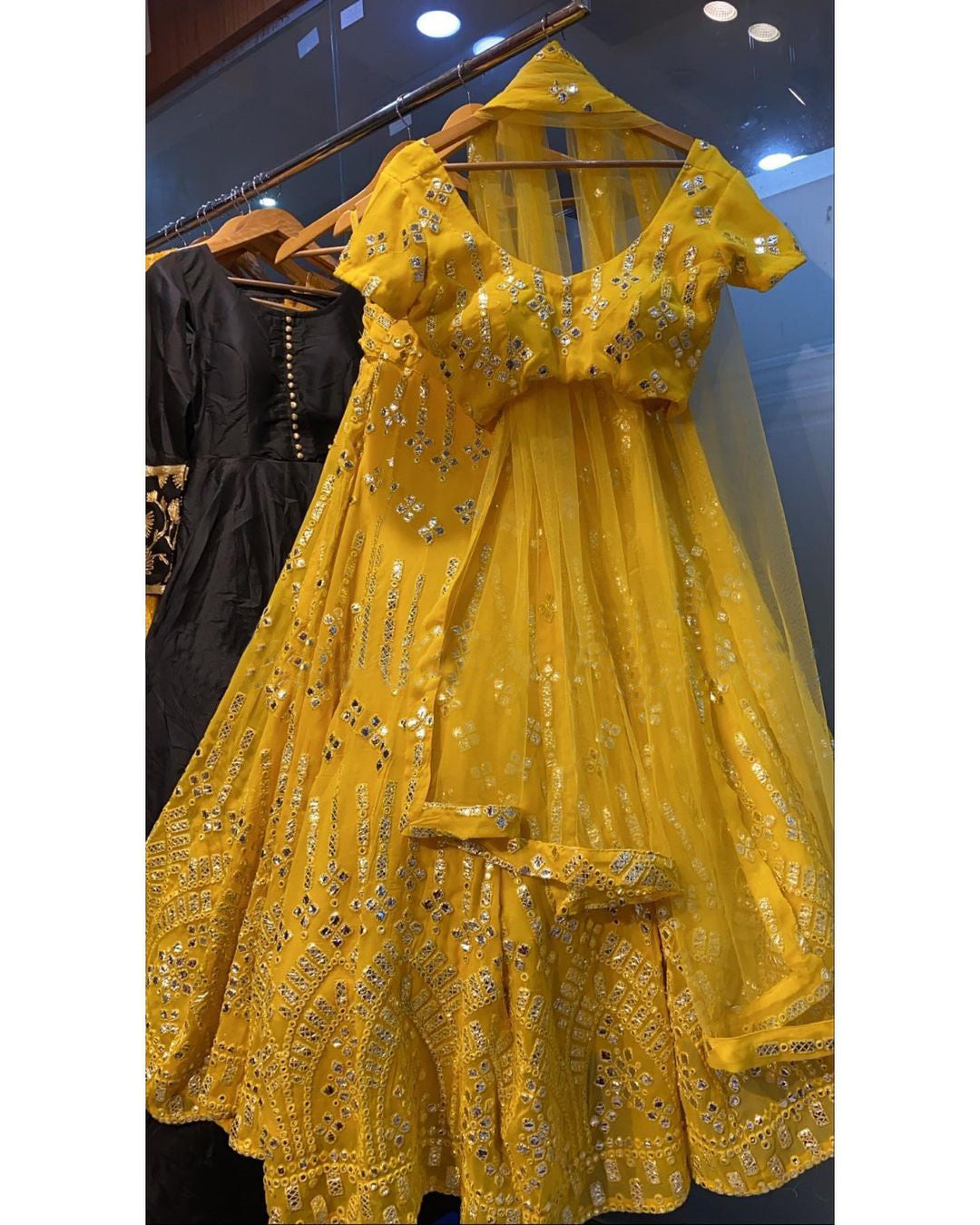 Yellow Lehenga Choli In Georgette With Paper Mirror Work