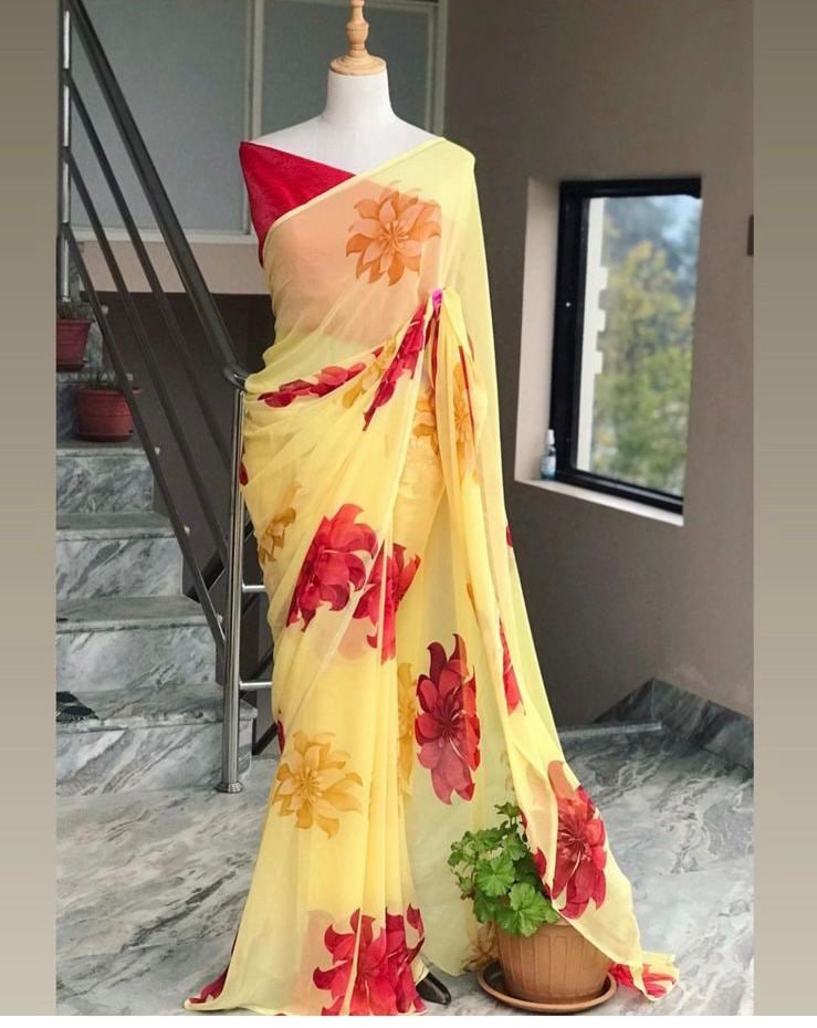 Yellow Saree In Georgette Silk With Digital Print