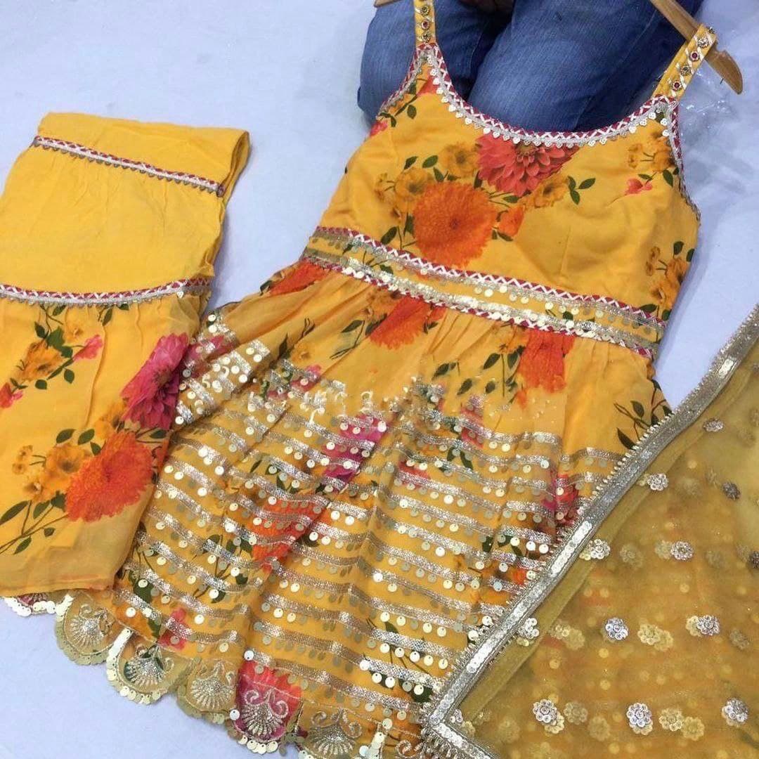 Yellow Sharara Suit In Georgette Silk With Digital Print