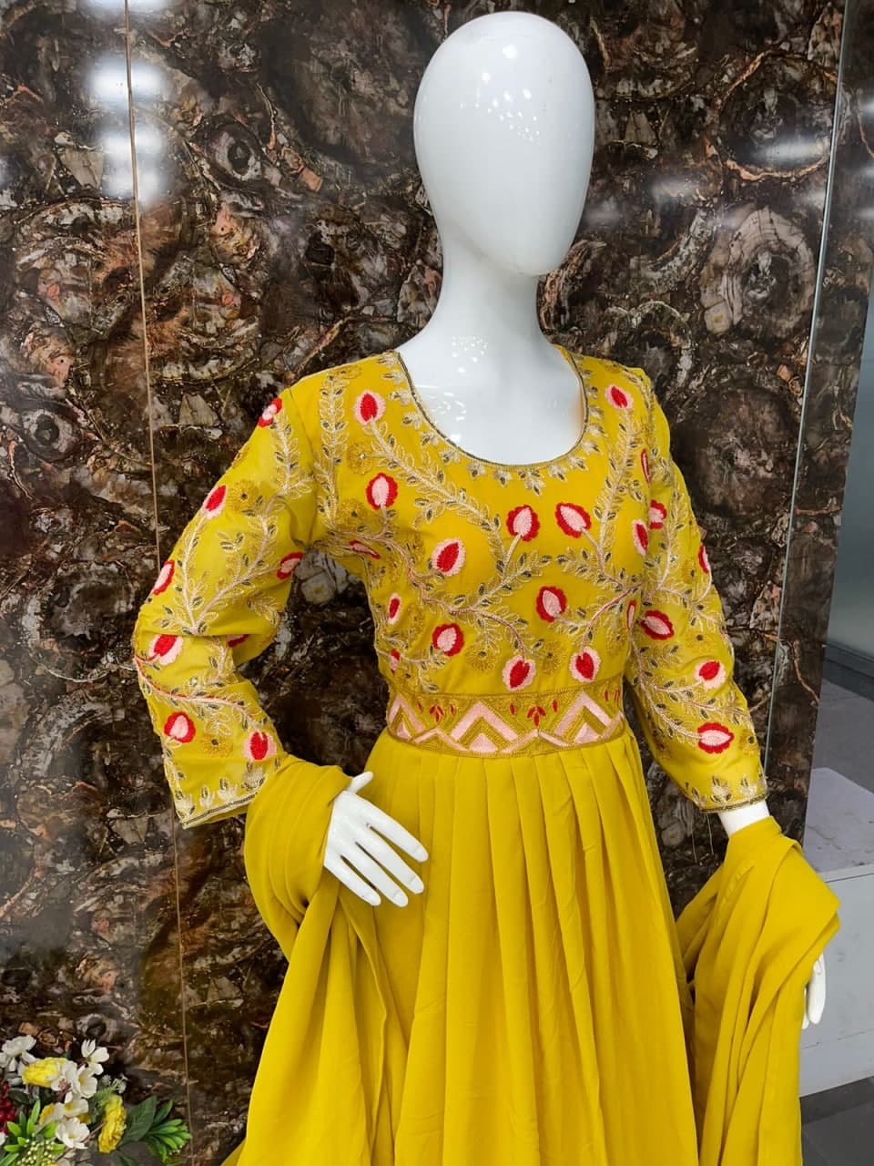 Yellow Gown In Georgette Silk With Embroidery Work