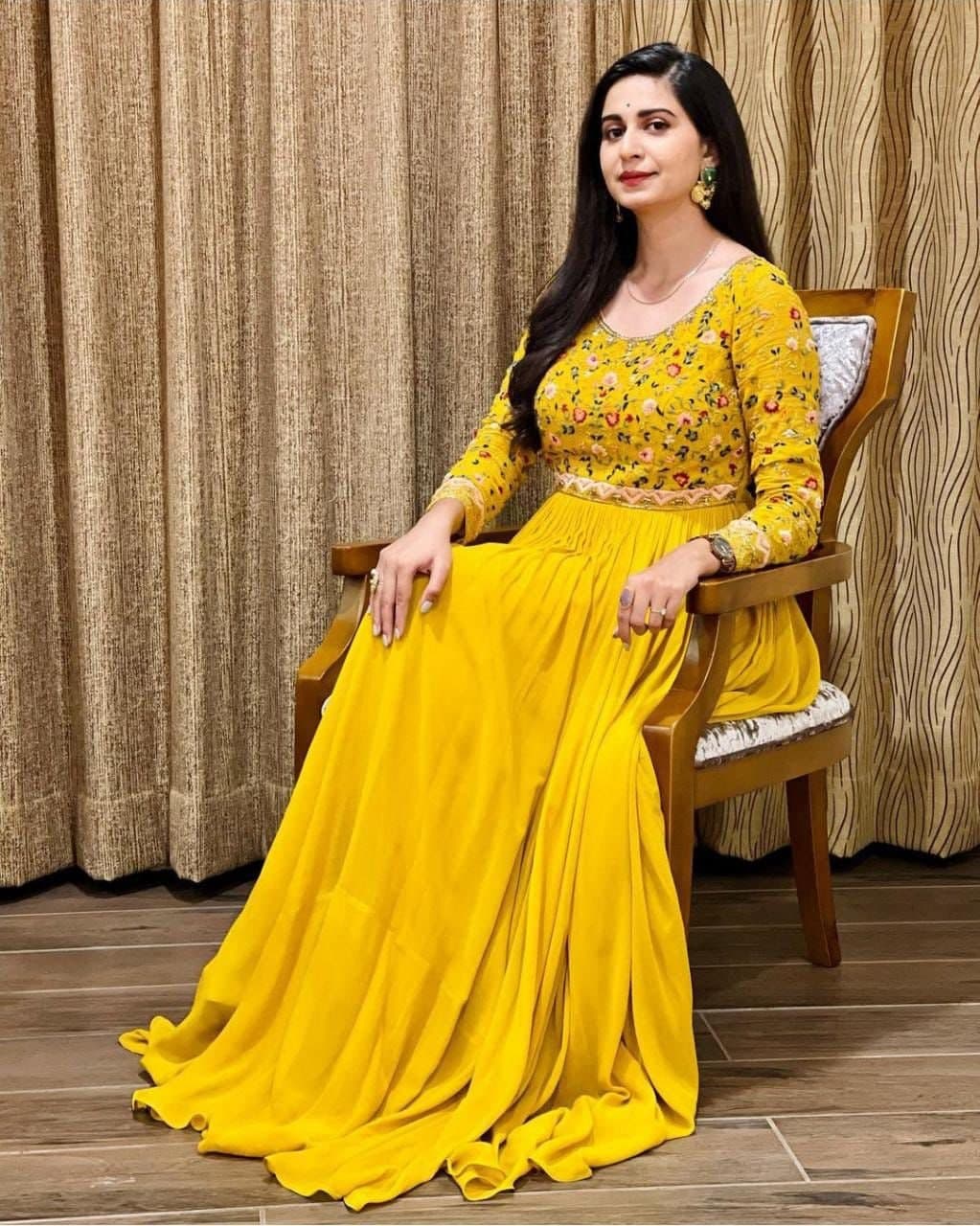 Yellow Gown In Georgette Silk With Embroidery Work