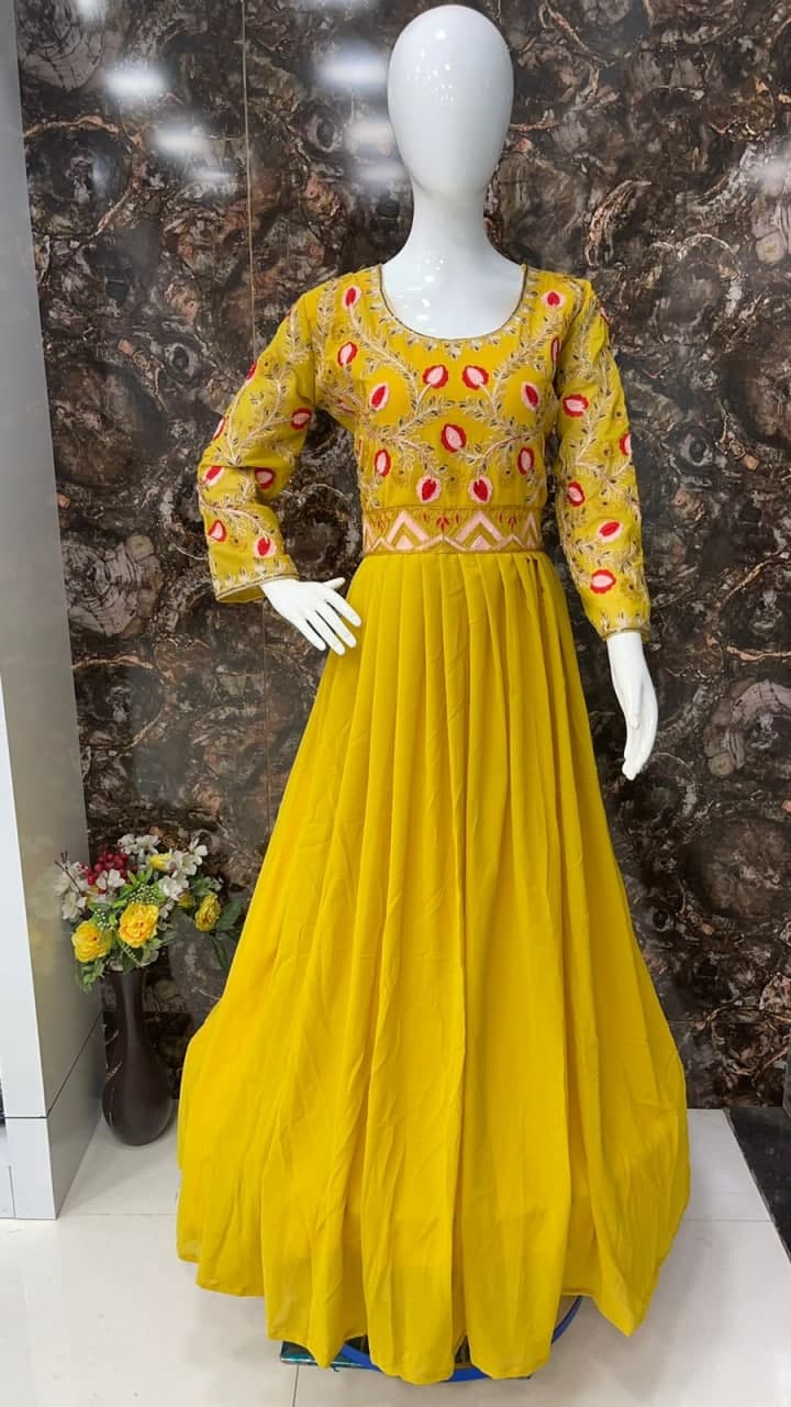 Yellow Gown In Georgette Silk With Embroidery Work