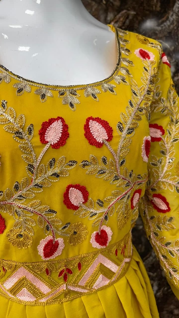 Yellow Gown In Georgette Silk With Embroidery Work